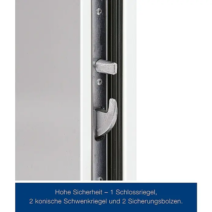 Hörmann Stahlschutztür KSI Thermo46 RC2 - 87,5 x 200 cm, DIN Anschlag: Links, Verkehrsweiß - Hochsicherheits-Türschloss mit einem Schlossriegel, zwei konischen Schwenkriegeln und zwei Sicherungsbolzen.
