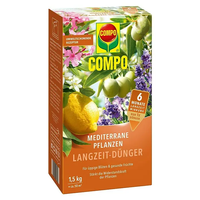 Compo Langzeitdünger Mediterrane Pflanzen - 1,5 kg - Braune Packung COMPO Langzeit-Dünger für Mittelmeerpflanzen, 1,5 kg, mit Zitronen, Oliven, Lavendel und Blüten, 6 Monate Wirkung.