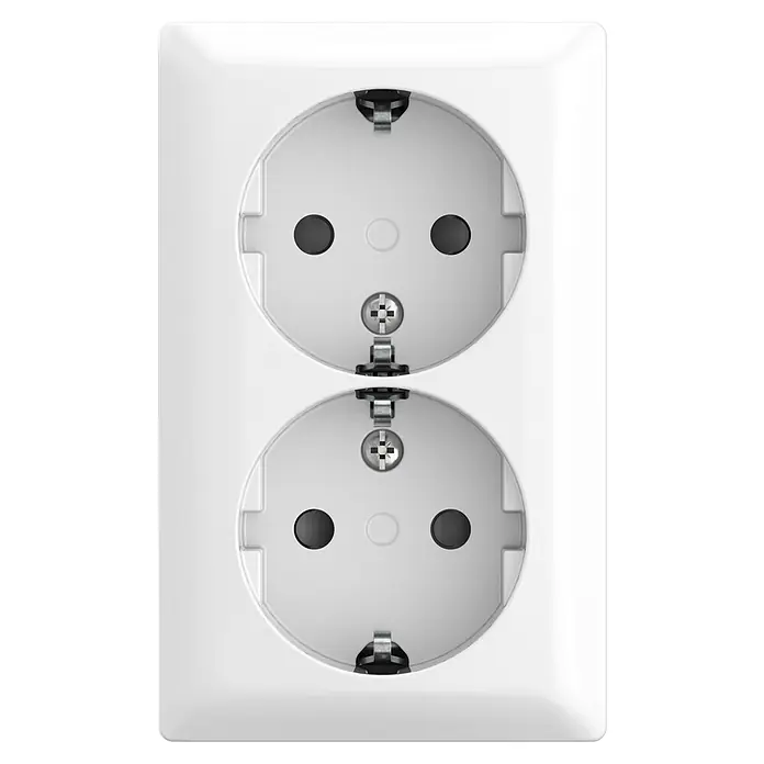 Busch-Jaeger Doppelsteckdose Safety+AP 202 EAPBJ-524 - 2-fach, Alpinweiß, Glänzend, Kunststoff, Aufputzmontage - Nahaufnahme einer Doppelsteckdose mit Schutzkontakt in Weiß, ideal für den Innenbereich. Die Steckdose bietet zuverlässige Stromversorgung.