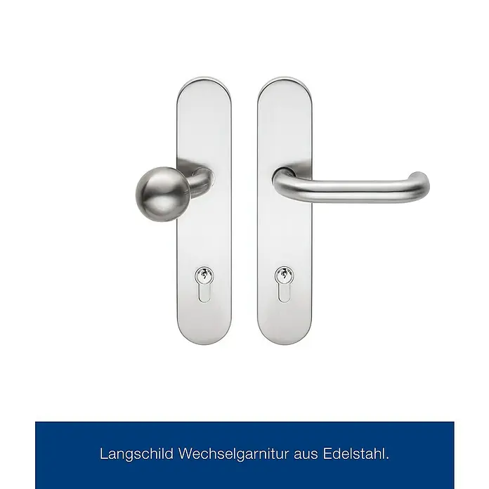 Hörmann Stahlschutztür KSI Thermo46 RC2 - 87,5 x 200 cm, DIN Anschlag: Links, Verkehrsweiß - Langschild-Wechselgarnitur aus Edelstahl mit Knopf auf einer Seite und Griff auf der anderen.