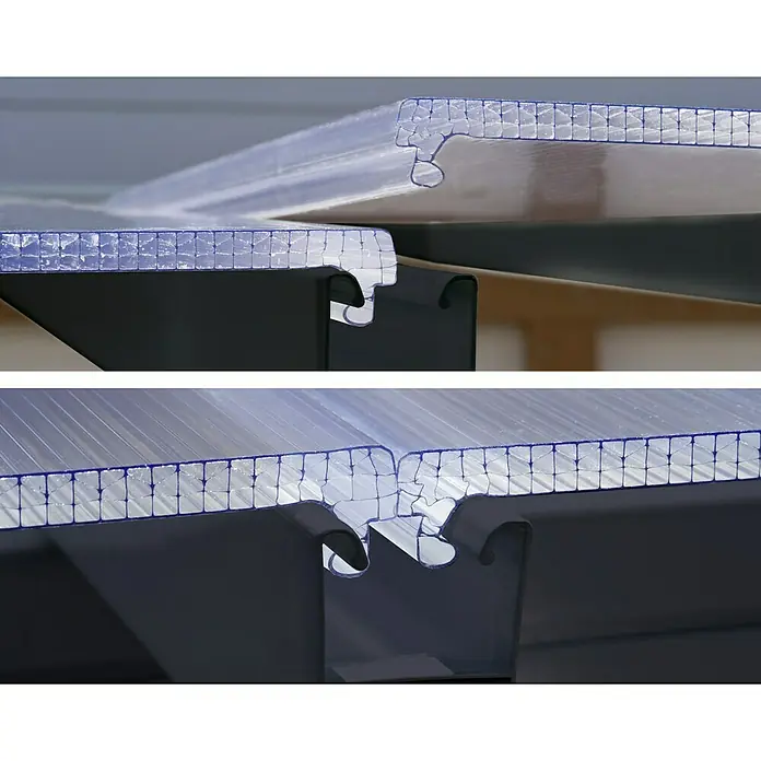 Palram – Canopia Wintergarten San Remo - B x T x H: 4,25 x 4 x 3,1 m, Anthrazitgrau - Nahaufnahme von zwei Polycarbonatplatten, die mit schwarzen Verbindungsstücken verbunden sind und eine robuste und langlebige Struktur bilden.