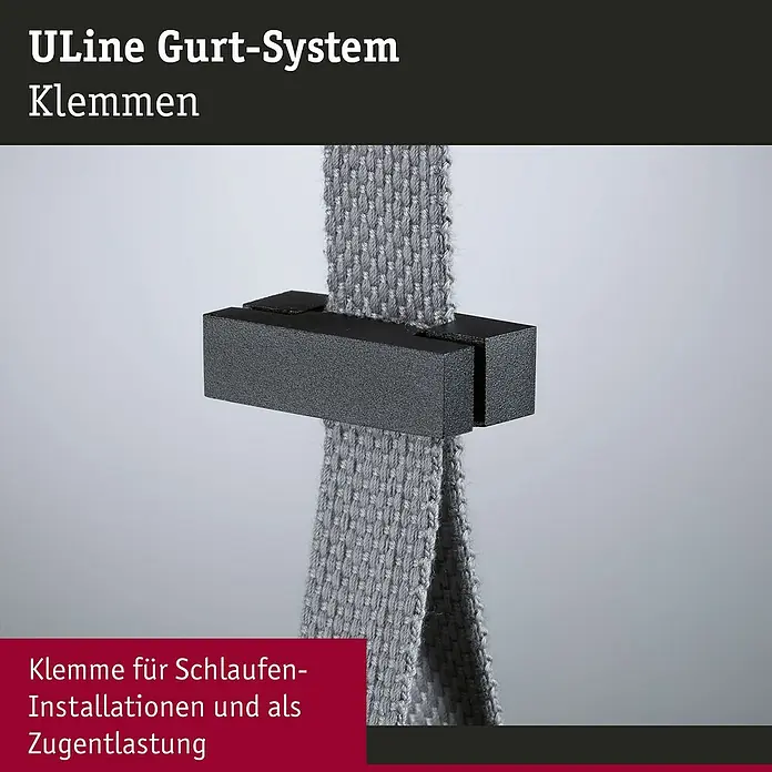 Paulmann ULine Erweiterungs-Set Gurt Klemme - L x H: 1,5 x 1,8 cm, Schwarz, Gesamtstückzahl: 2 Stk. - ULine Gurt-System Klemmen: Eine Nahaufnahme einer schwarzen Klemme, die an einem grauen Gurtband befestigt ist, geeignet für Schlaufeninstallationen.