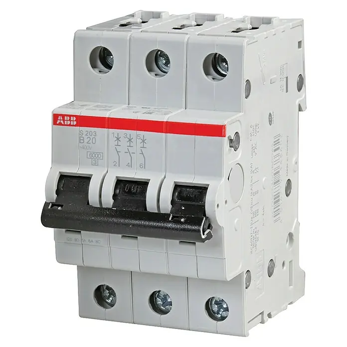 ABB Leitungsschutzschalter S203-B20 - 20 A, Polanzahl: 3 - Dreipoliger ABB S 203 B20 Leitungsschutzschalter mit 400V und 6000A Schaltvermögen, ideal für den Schutz elektrischer Anlagen vor Überlastung.