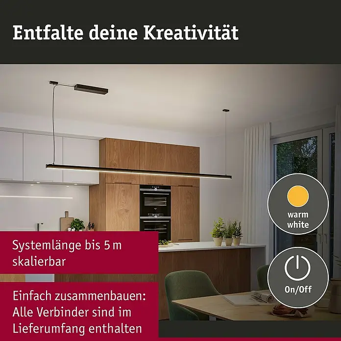 Paulmann Linion Stromeinspeisung Power Box - L x B x H: 10 x 36,5 x 4 cm, Signalschwarz, Nicht Dimmbar, 120 W - Eine moderne, dimmbare LED-Hängeleuchte in Schwarz über einer Küchentheke, die ein warmweißes Licht ausstrahlt und einfach zu montieren ist.
