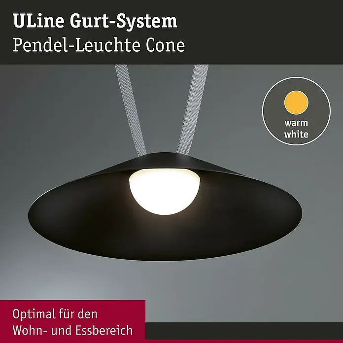 Paulmann ULine LED-Pendelleuchte rund Cone - 12 W, Ø x H: 35 x 9 cm, Warmweiß, Schwarz - Nahaufnahme der Pendelleuchte Cone aus dem ULine Gurt-System, ideal für Wohn- und Essbereiche, mit warmweißem Licht.