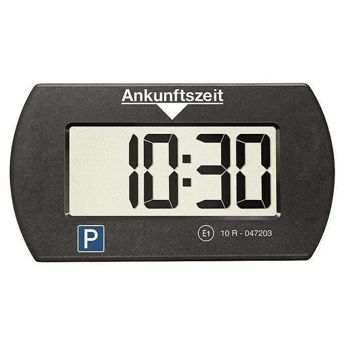 Needit Elektrische Parkscheibe Park Mini - Schwarz, Batteriebetrieben - Schwarze elektronische Parkscheibe. Digitalanzeige zeigt 10:30. Mit 'Ankunftszeit'-Schriftzug und 'P'-Symbol.