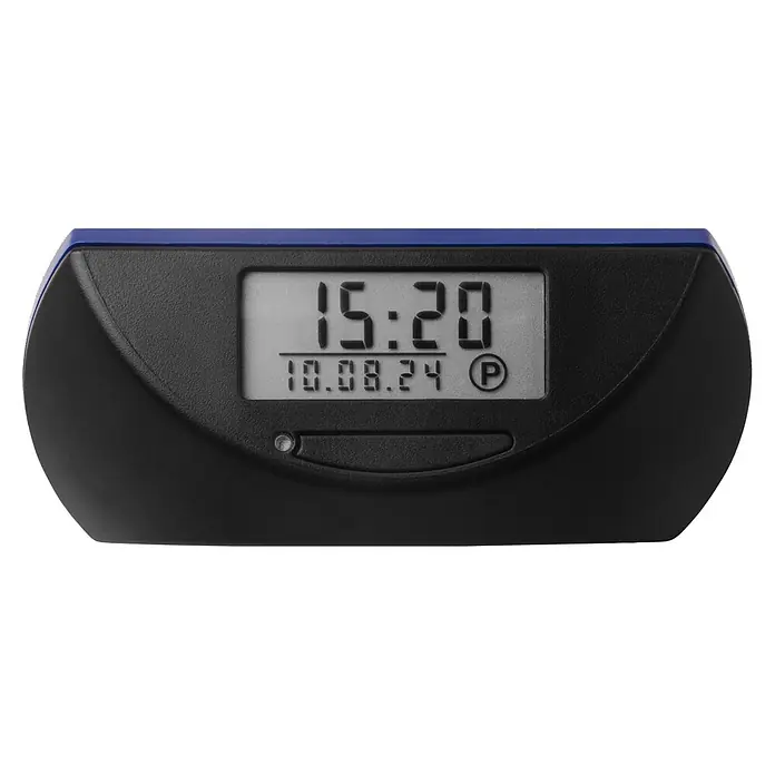 Needit Elektrische Parkscheibe Park Mini - Blau/Schwarz, Batteriebetrieben - Schwarz-blaue digitale Parkuhr mit Anzeige von 15:20, 10.08.24, einem 'P'-Symbol und kleinem weißen Knopf darunter.