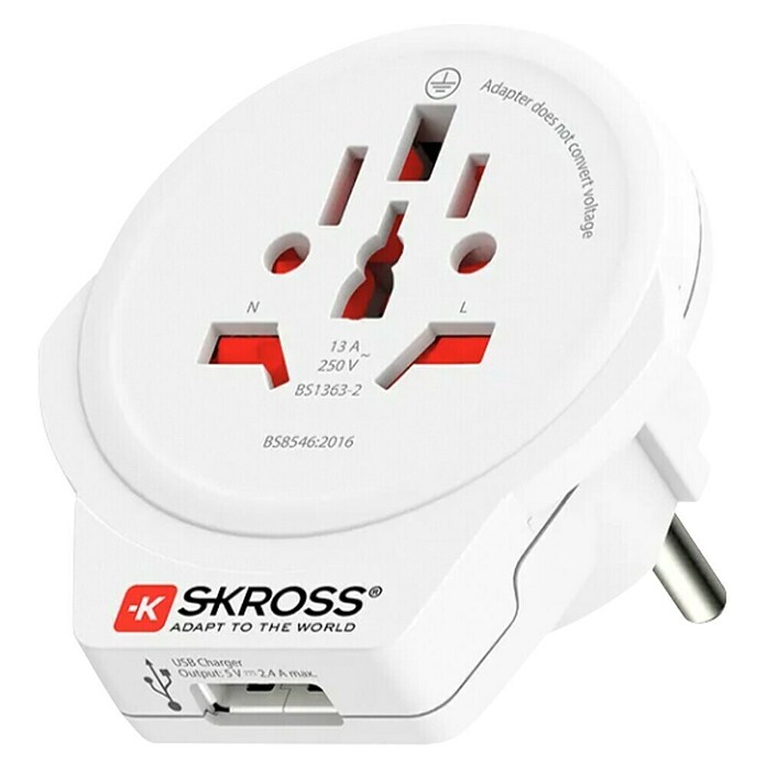 Skross Adaptador de viaje con USB-A (Tipo de enchufe de red de adaptador de viaje: Tipo E+F (CEE 7/7), Blanco) | BAUHAUS