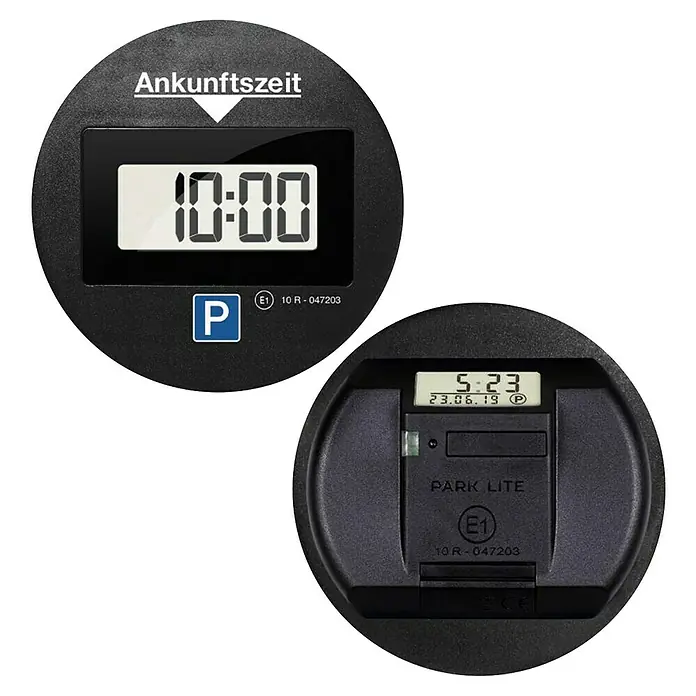 Needit Elektrische Parkscheibe Park Lite One - Schwarz, Batteriebetrieben - Zwei Ansichten einer schwarzen, runden digitalen Parkscheibe, vorne mit Ankunftszeit 10:00 und hinten mit Uhrzeit/Datum.
