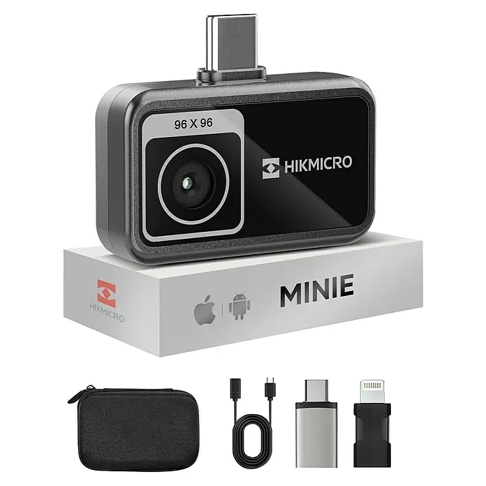 Hikmicro Wärmebildkamera MiniE - Messbereich Temperatur: -20 °C - 400 °C - HIKMICRO MINIE 96x96 Wärmebildkamera in Schwarz/Grau mit USB-C, gezeigt mit Apple/Android-Adaptern, USB-Kabel und Tasche.