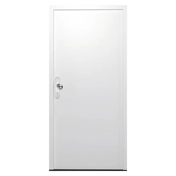 Hörmann Stahlschutztür KSI Thermo46 RC2 - 87,5 x 200 cm, DIN Anschlag: Links, Verkehrsweiß - Eine weiße Tür mit modernem silbernem Griff und Schlüsselloch.