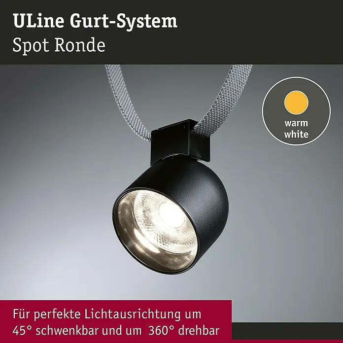 Paulmann ULine LED-Spotstrahler Ronde - 7 W, Ø x H: 8,5 x 11 cm, Schwarz, Warmweiß - Abbildung einer ULine Gurt-System Spot Ronde in Schwarz, die eine flexible Lichtausrichtung durch Schwenk- und Drehfunktion ermöglicht.