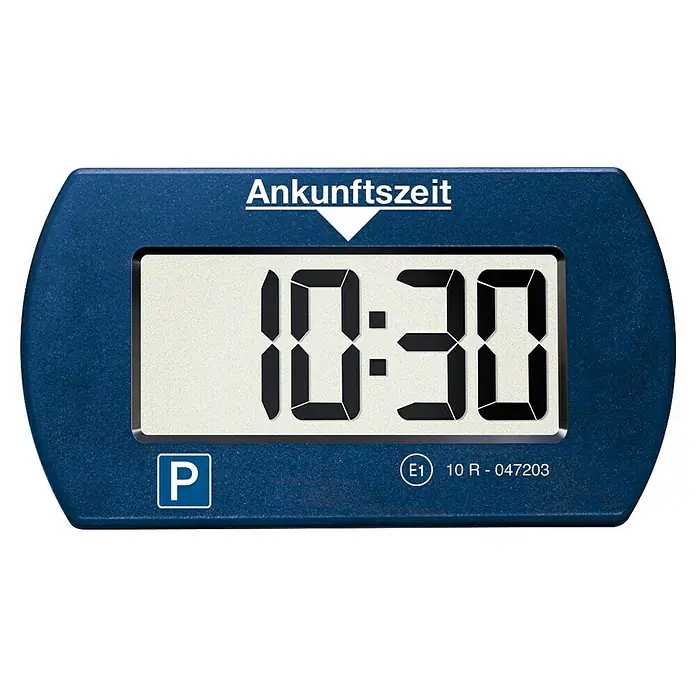 Needit Elektrische Parkscheibe Park Mini - Blau/Schwarz, Batteriebetrieben - Blaue digitale Parkscheibe zeigt 10:30 als Ankunftszeit, mit Parksymbol und Zertifizierung.