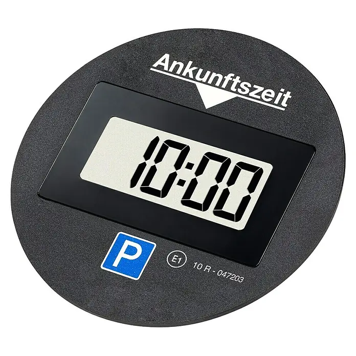 Needit Elektrische Parkscheibe Park Lite One - Schwarz, Batteriebetrieben - Dunkelgraue ovale digitale Parkscheibe mit Anzeige 10:00, „Ankunftszeit“-Schriftzug und blauem P-Symbol.