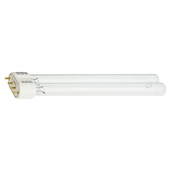 Oase Ersatzlampe Algenstopp UVC - 18 W - Nahaufnahme einer Philips TUV Lampe, die für UV-Sterilisation verwendet wird, mit vier Stiften an einem Ende für den Anschluss.