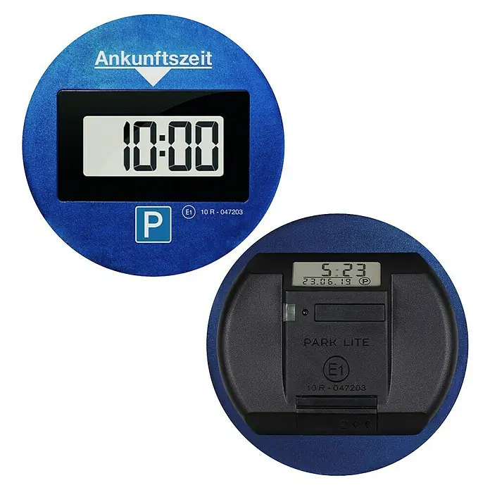 Needit Elektrische Parkscheibe Park Lite One - Blau/Schwarz, Batteriebetrieben - Blau-schwarze digitale Parkscheibe mit 10:00 vorne und 5:23 mit Datum hinten.