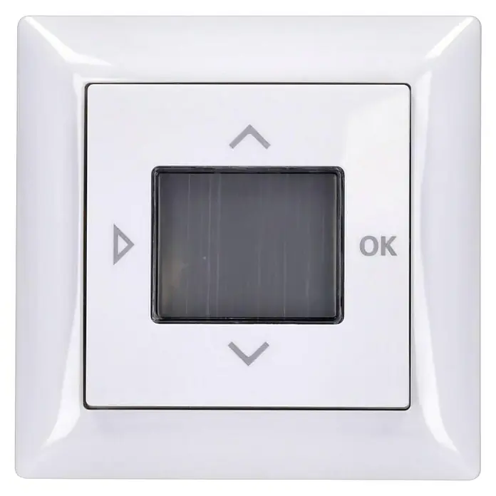 Busch-Jaeger Balance SI Jalousieschalter 6422 UJ-914 - Alpinweiß, Unterputzmontage, 3 A - Weißer elektronischer Thermostat mit Display, Pfeiltasten und "OK"-Beschriftung zur Temperaturregelung.