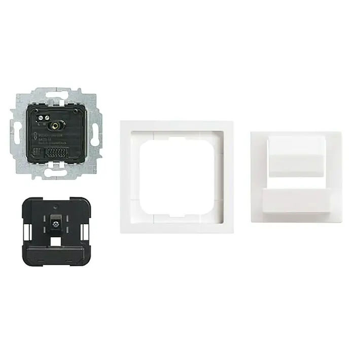 Busch-Jaeger Art Linear Schalterprogramm-Set Steckdosen-USB-Einsatz 6480/11-84 - Studioweiß - Busch-Jaeger 6423 U Bedienelement für Raumtemperaturregler-Einsatz mit weißem Rahmen und Montagezubehör.