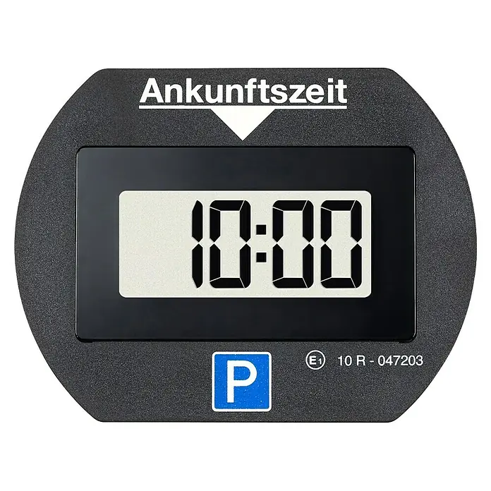 Needit Elektrische Parkscheibe Park Lite - Schwarz, Batteriebetrieben - Schwarze digitale Parkscheibe mit Anzeige 10:00, Aufschrift 'Ankunftszeit' und blauem P-Symbol.
