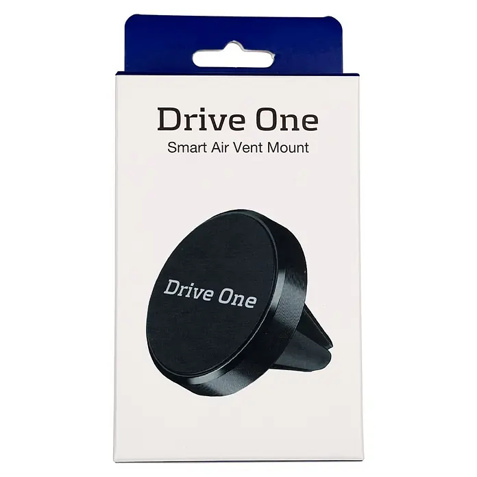 Needit Magnethalter Drive One - Passend für: Needit Drive One - Drive One schwarze, runde magnetische Auto-Handy-Lüftungshalterung in weißer Einzelhandelsverpackung mit blauem Aufhänger.