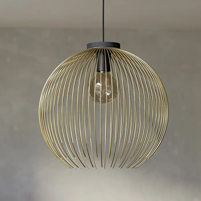 Eglo Venezuela Pendelleuchte rund - 40 W, Ø x H: 40 x 110 cm, Gold, Schwarz/Gold, E27 - Goldene Hängelampe aus Metallstäben in Kugelform mit sichtbarer Glühbirne, an schwarzem Kabel.