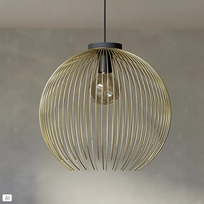 Eglo Venezuela Pendelleuchte rund - 40 W, Ø x H: 40 x 110 cm, Gold, Schwarz/Gold, E27 - Goldene Hängelampe aus Metallstäben in Kugelform mit sichtbarer Glühbirne, an schwarzem Kabel.
