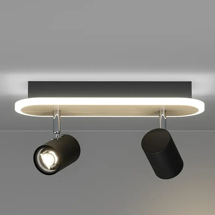 Eglo LED-Deckenstrahler Rimbocchi - 12 W, L x B x H: 34 x 10 x 15 cm, Schwarz, Holz, Warmweiß - Moderne Deckenleuchte mit schwarzem Sockel, ovalem Holzelement mit integriertem LED-Band und zwei schwarzen Strahlern.