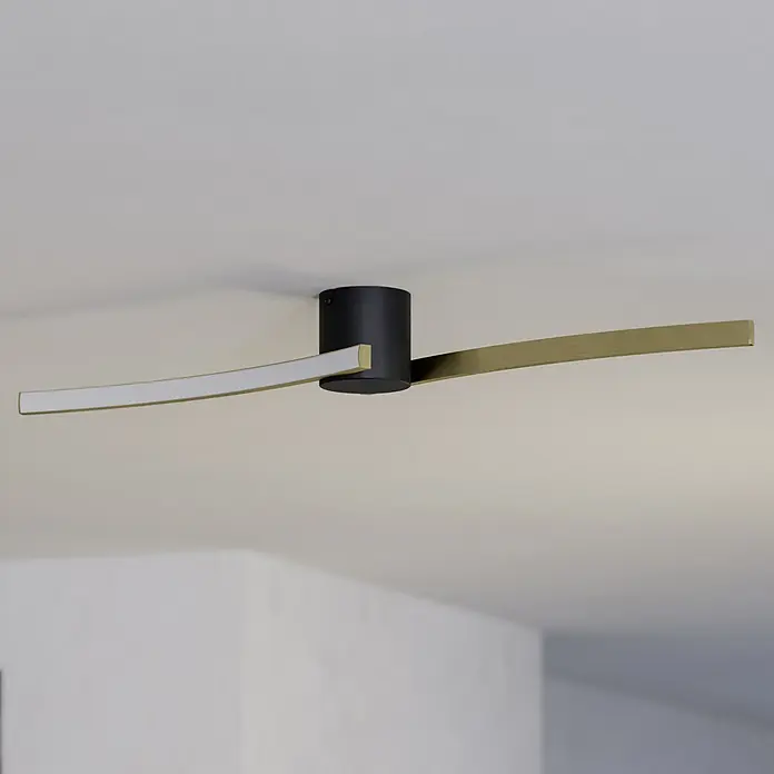 Eglo LED-Deckenleuchte Aieta - 12 W, L x B x H: 7 x 13 x 8 cm, Schwarz, Messing, Neutralweiß - Deckenleuchte mit modernem Design, bestehend aus einem schwarzen Zylinder und zwei gebogenen, goldfarbenen und weißen Leuchtarmen.