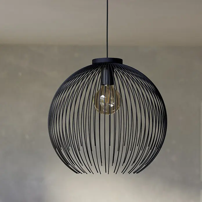 Eglo Venezuela Pendelleuchte rund - 40 W, Ø x H: 40 x 110 cm, Schwarz, Schwarz, E27 - Schwarze Drahtgitter-Pendelleuchte mit sichtbarer Edison-Glühbirne, von der Decke hängend.