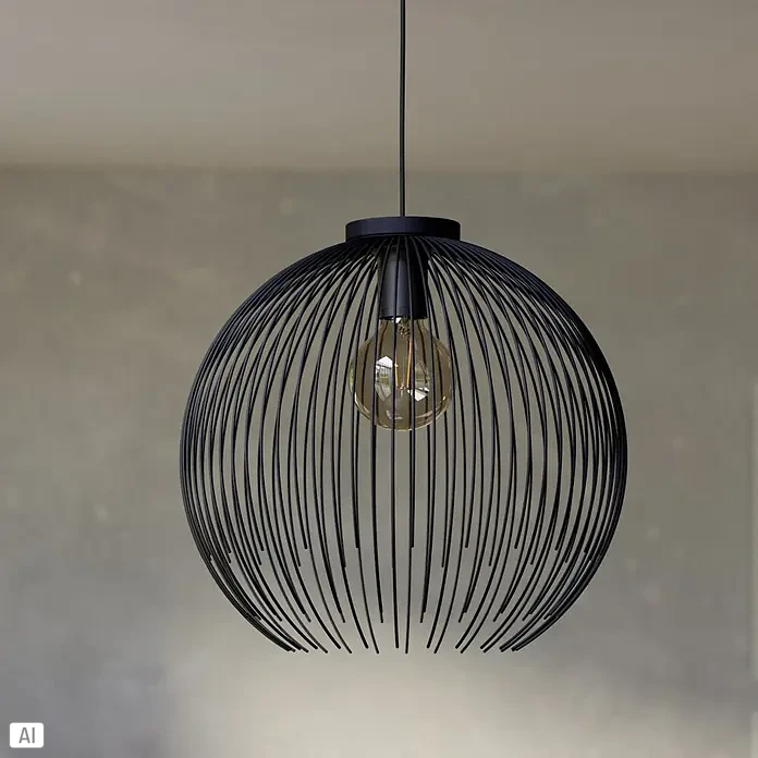 Eglo Venezuela Pendelleuchte rund - 40 W, Ø x H: 40 x 110 cm, Schwarz, Schwarz, E27 - Schwarze Drahtgitter-Pendelleuchte mit sichtbarer Edison-Glühbirne, von der Decke hängend.