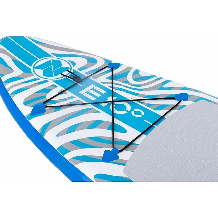 SUP-Board-Set ZRay E10 - L x B x H: 297 x 76 x 13 cm, Nutzlast: 110 kg, Aufblasbar - Nahaufnahme eines aufblasbaren Stand-Up-Paddleboards mit blau-weißem Muster, Gummizug und Tragegriff.