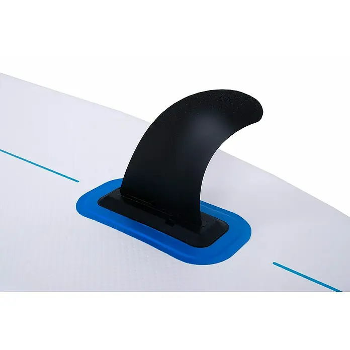 SUP-Board-Set ZRay E10 - L x B x H: 297 x 76 x 13 cm, Nutzlast: 110 kg, Aufblasbar - Nahaufnahme einer schwarzen Finne auf einem weißen Stand-Up-Paddle-Board, die für Stabilität und Richtungssteuerung im Wasser sorgt.