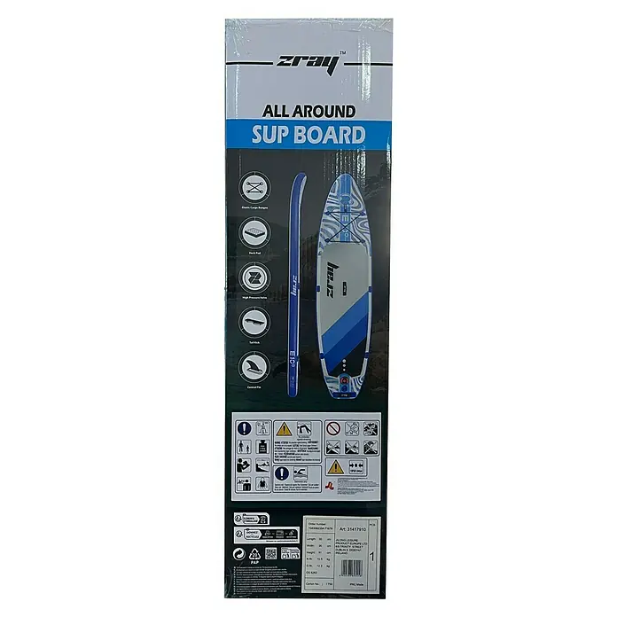 SUP-Board-Set ZRay E10 - L x B x H: 297 x 76 x 13 cm, Nutzlast: 110 kg, Aufblasbar - Nahaufnahme des Z-Ray Allround SUP-Boards im Karton, ideal für Wassersport und Freizeitaktivitäten.
