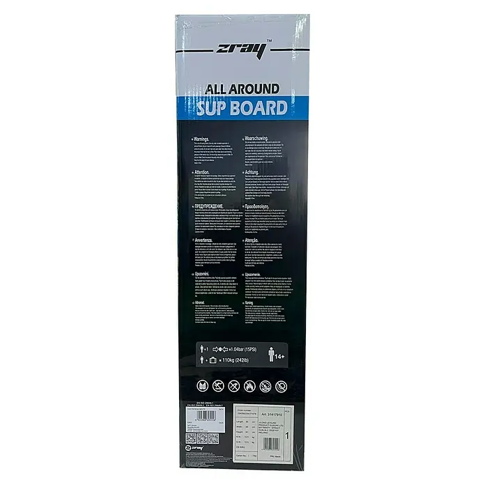 SUP-Board-Set ZRay E10 - L x B x H: 297 x 76 x 13 cm, Nutzlast: 110 kg, Aufblasbar - Bild der Zray All Around SUP Board Verpackung mit Warnhinweisen und Spezifikationen.