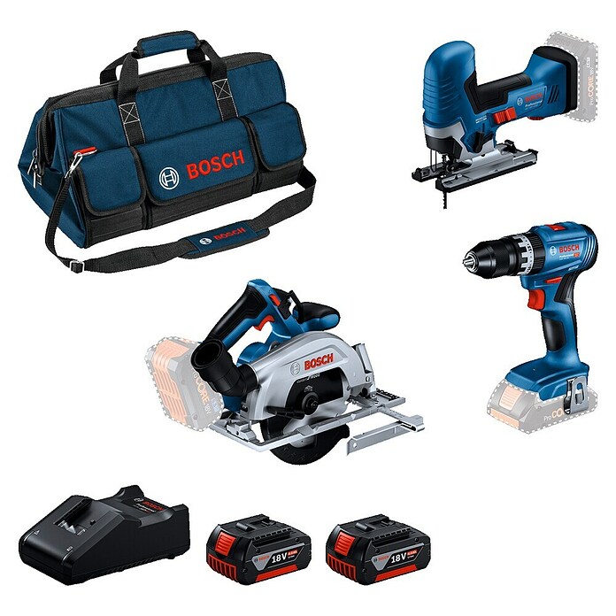 Bosch Professional Set orodij GSB 18V-45 + GST 18V-125 S + GKS 18V 57-2 + GAL 18V-40 + 2 x GBA 18V 4.0Ah  (18 V, 4 Ah, 7 -del.) | Akumulatorski vijačniki in vrtalniki | Vrtalniki in vijačniki | Stroji | Orodja in stroji | Izdelki | BAUHAUS