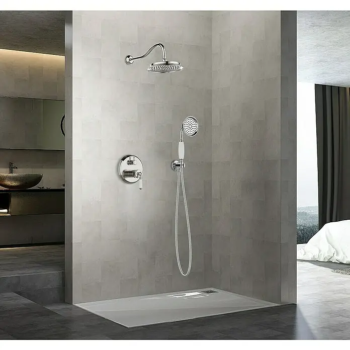 Rousseau Conjunto de ducha empotrado Wall Retro - Número de tipos de chorro: 1 ud., Cromo - Conjunto de ducha de alta calidad con rociador de lluvia, ducha de mano y válvula termostática para una experiencia de baño moderna y confortable.