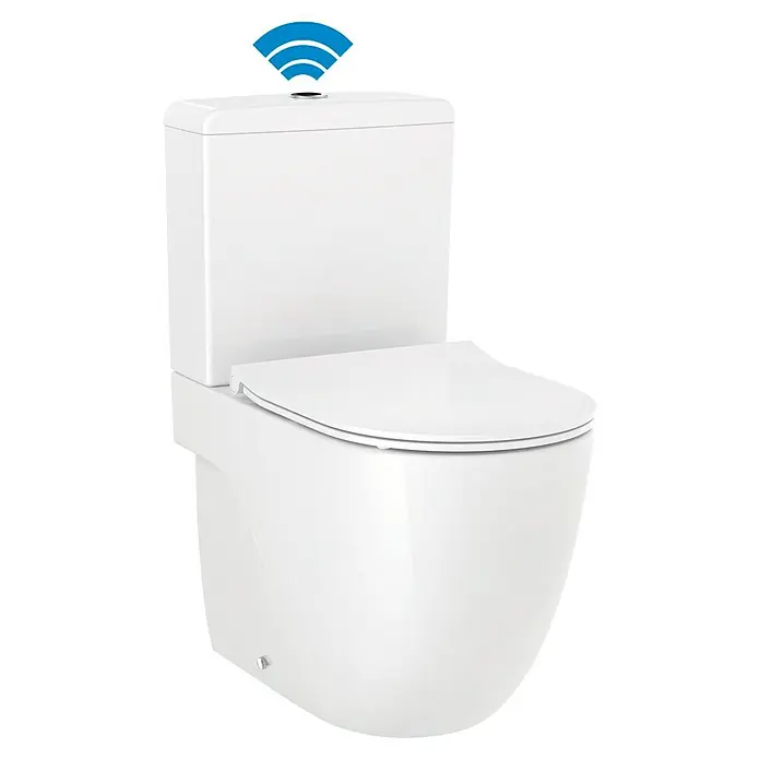 Roca Pack de WC Teras Rimless Touchless - Sin borde de descarga, Salida dual, Blanco - Primer plano de un inodoro blanco moderno con cisterna y forma redondeada, perfecto para cualquier diseño de baño.