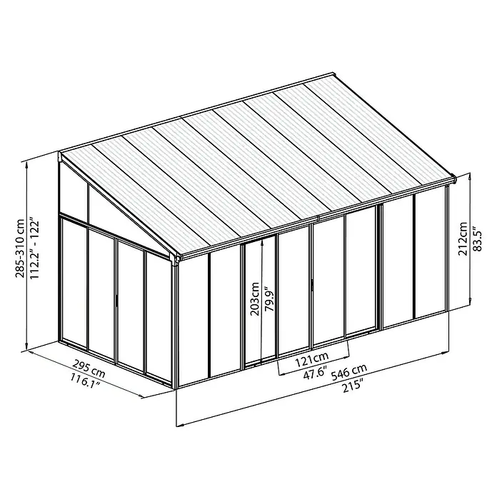 Palram – Canopia Wintergarten San Remo - B x T x H: 5,46 x 3 x 3,1 m, Anthrazitgrau - Abmessungen des Gewächshauses mit den Höhen-, Breiten- und Längenangaben in Zentimetern und Zoll.