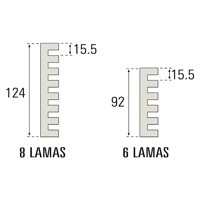 Rejilla de ventilación - Ancho: 59,8 cm, Blanco - Dibujo técnico de dos perfiles de listones con diferentes dimensiones y número de listones para proyectos de construcción o diseño.
