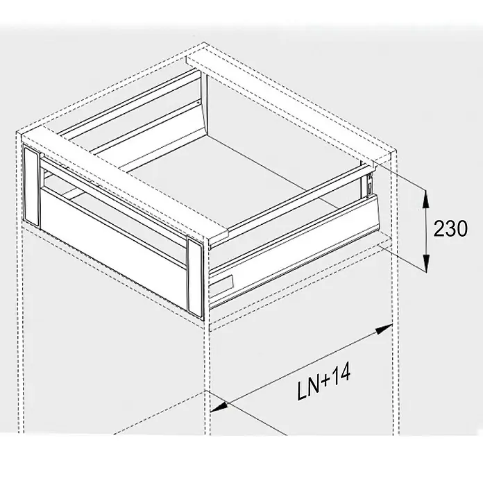 Cajón Modul box con separador - L x An x Al: 48 x 59 x 18,4 cm - Un dibujo técnico de un cajón, que muestra las dimensiones 230 y LN+14.