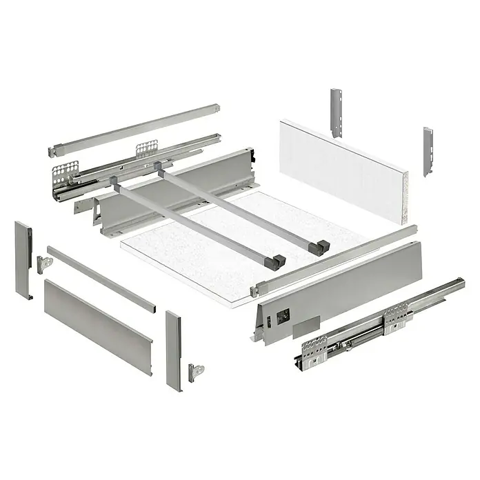 Cajón Modul box con separador - L x An x Al: 48 x 59 x 18,4 cm - Vista explosionada de un sistema de cajones que muestra sus diversos componentes, como rieles y frentes de cajón.