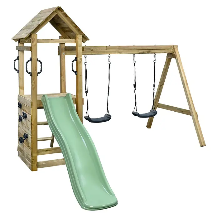 Swing King Kinderspielturm Maria - L x B x H: 212 x 300 x 235 cm, Natur/Pastelgrün - Holzspielplatz mit Schaukeln, Rutsche und Kletterwand für Kinder zum Austoben im Garten.