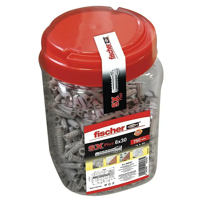 Fischer Taco universal SX Plus Box - Ø x L: 3 x 30 mm, Plástico, 750 ud. - Bote de tacos Fischer SX Plus 6x30. Tacos de nylon para una fijación segura en diversos materiales de construcción, ideales para bricoladores y profesionales.