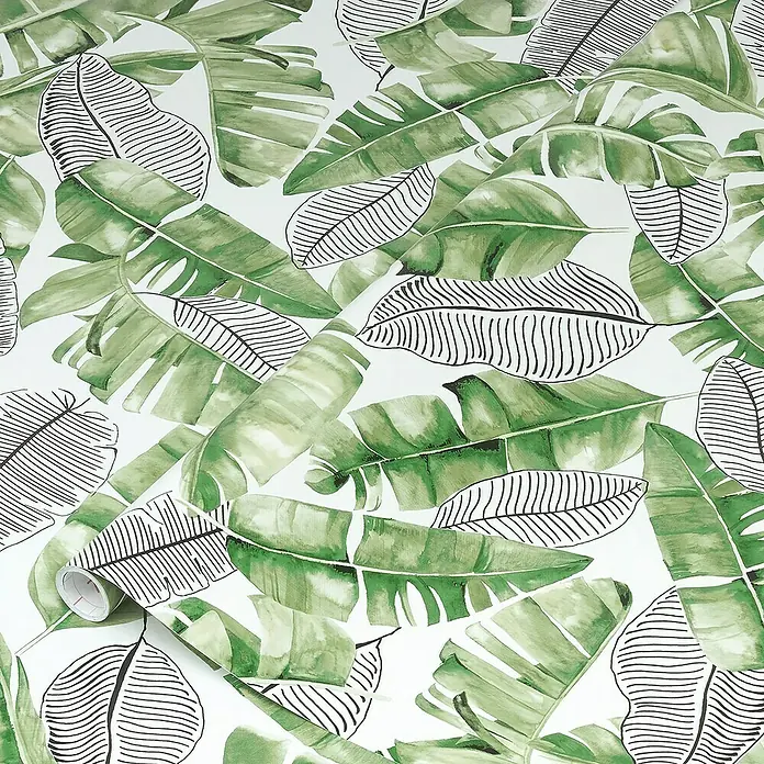 D-c-fix Rollo adhesivo vinílico Botánico Uva - 200 x 45 cm, Verde, Autoadhesivo - Vista detallada de un rollo de papel pintado con un diseño tropical de hojas de plátano en verde y negro sobre un fondo blanco.