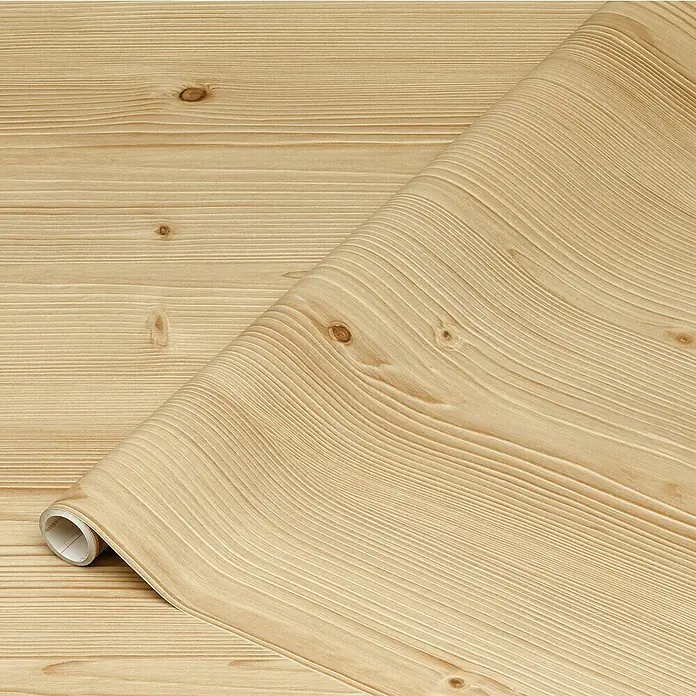 D-c-fix Rollo adhesivo vinílico Jura - 200 x 45 cm, Marrón, Autoadhesivo - Primer plano de un rollo de chapa de madera con un patrón de grano de madera clara, ideal para la restauración de muebles y proyectos de bricolaje.
