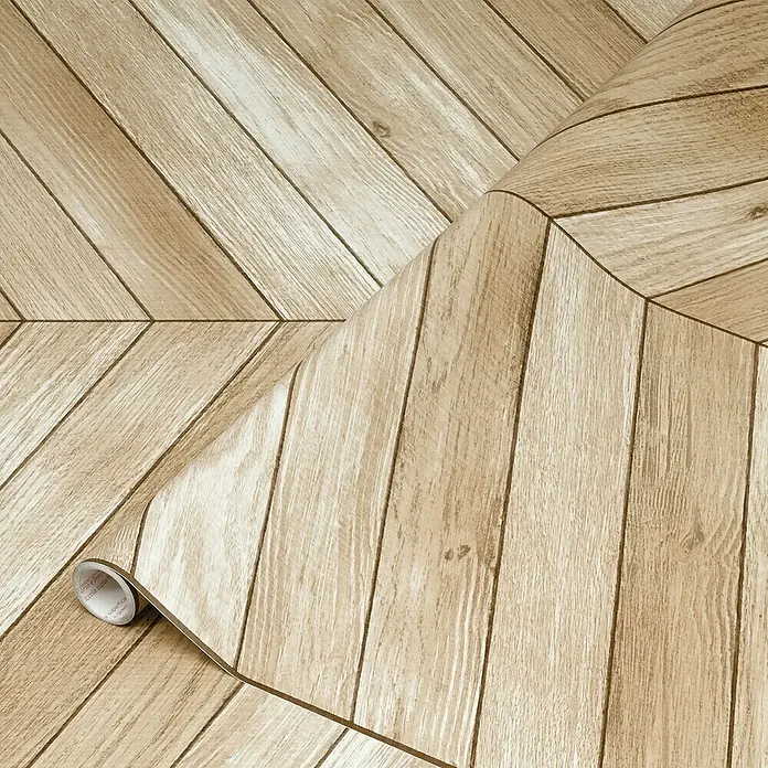 D-c-fix Rollo adhesivo vinílico Espiga Madera - 200 x 45 cm, Marrón, Autoadhesivo - Primer plano de un rollo de papel pintado con aspecto de madera, que promete un ambiente cálido y realista para cualquier habitación.
