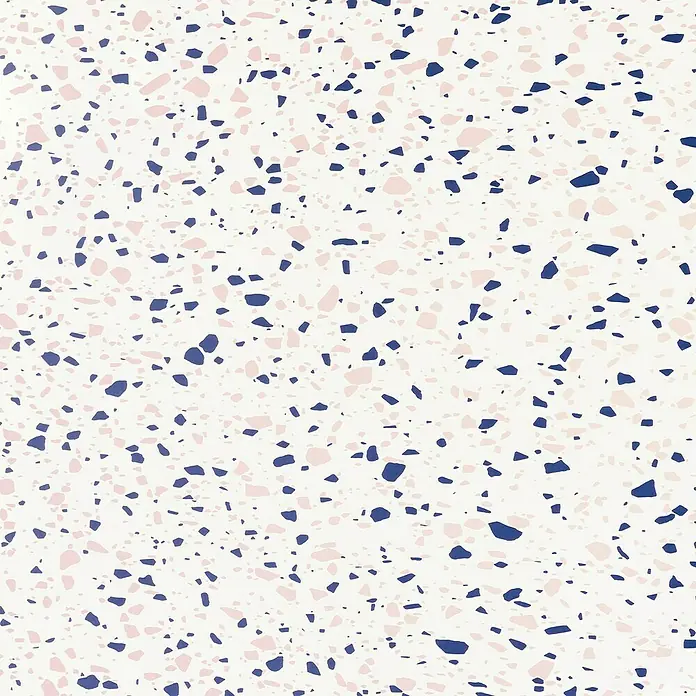 D-c-fix Rollo adhesivo vinílico Terrazo Neo - 200 x 45 cm, Multicolor, Autoadhesivo - Primer plano de un patrón de terrazo con virutas rosas y azul oscuro sobre un fondo blanco.