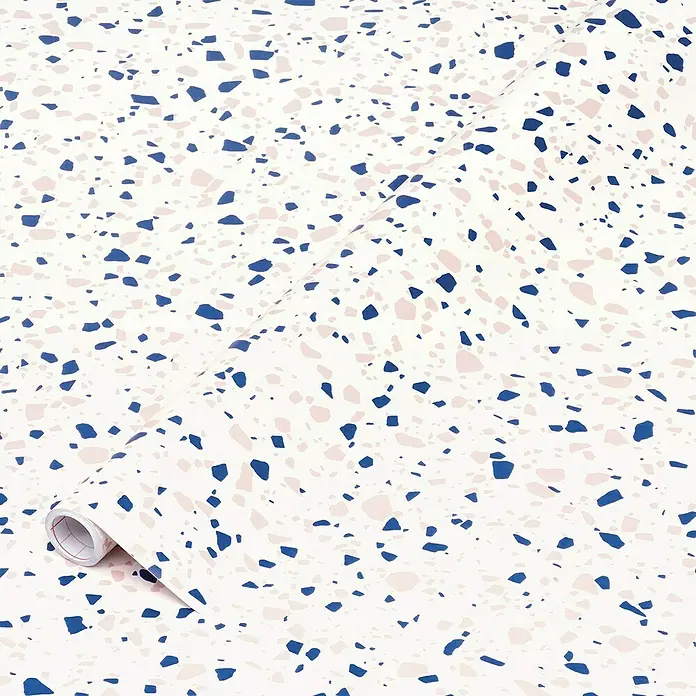 D-c-fix Rollo adhesivo vinílico Terrazo Neo - 200 x 45 cm, Multicolor, Autoadhesivo - Un rollo de papel pintado de terrazo con un patrón azul y rosa, que ofrece una decoración de pared moderna y elegante.