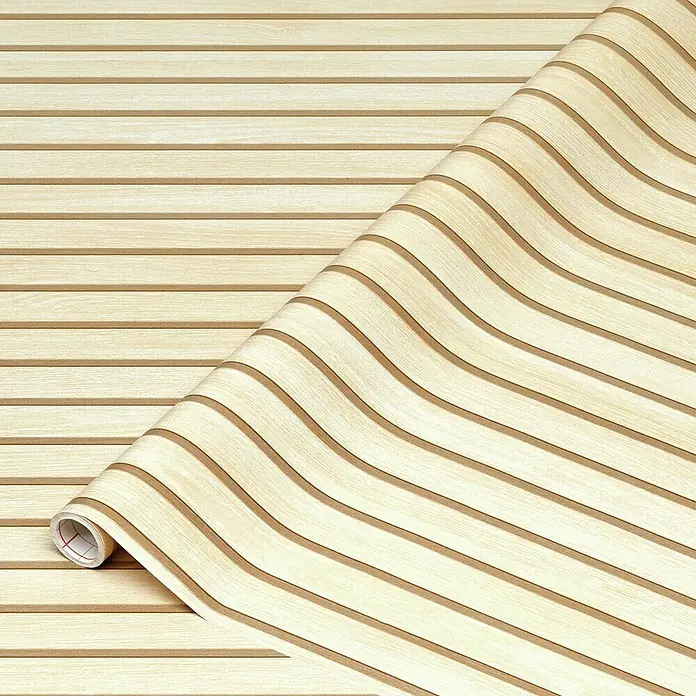 D-c-fix Rollo adhesivo vinílico Listones de madera - 200 x 45 cm, Marrón, Autoadhesivo - Primer plano de un rollo de papel pintado de paneles de madera en un tono claro con detalles más oscuros, ideal para una decoración de pared elegante.