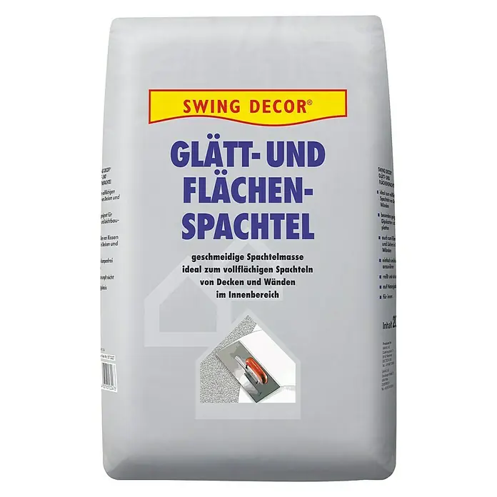 Swing Decor Glätt- & Flächenspachtel Innen - 20 kg - Die Abbildung zeigt einen Sack SWING DECOR Glätt- und Flächenspachtel, ideal für glatte Decken und Wände im Innenbereich.